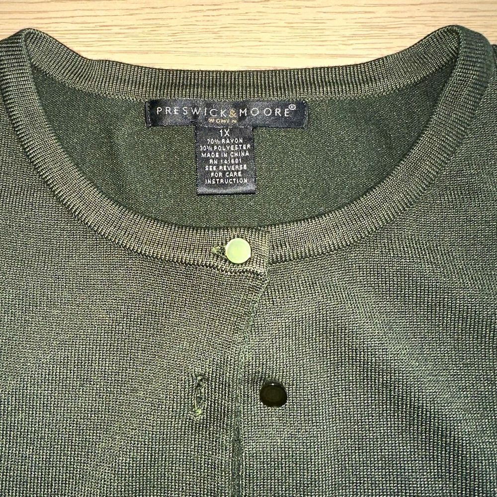 Preswick & Moore Womens 1X Green Knit Cotton Button Front Cardigan 3/4 Sleeve
